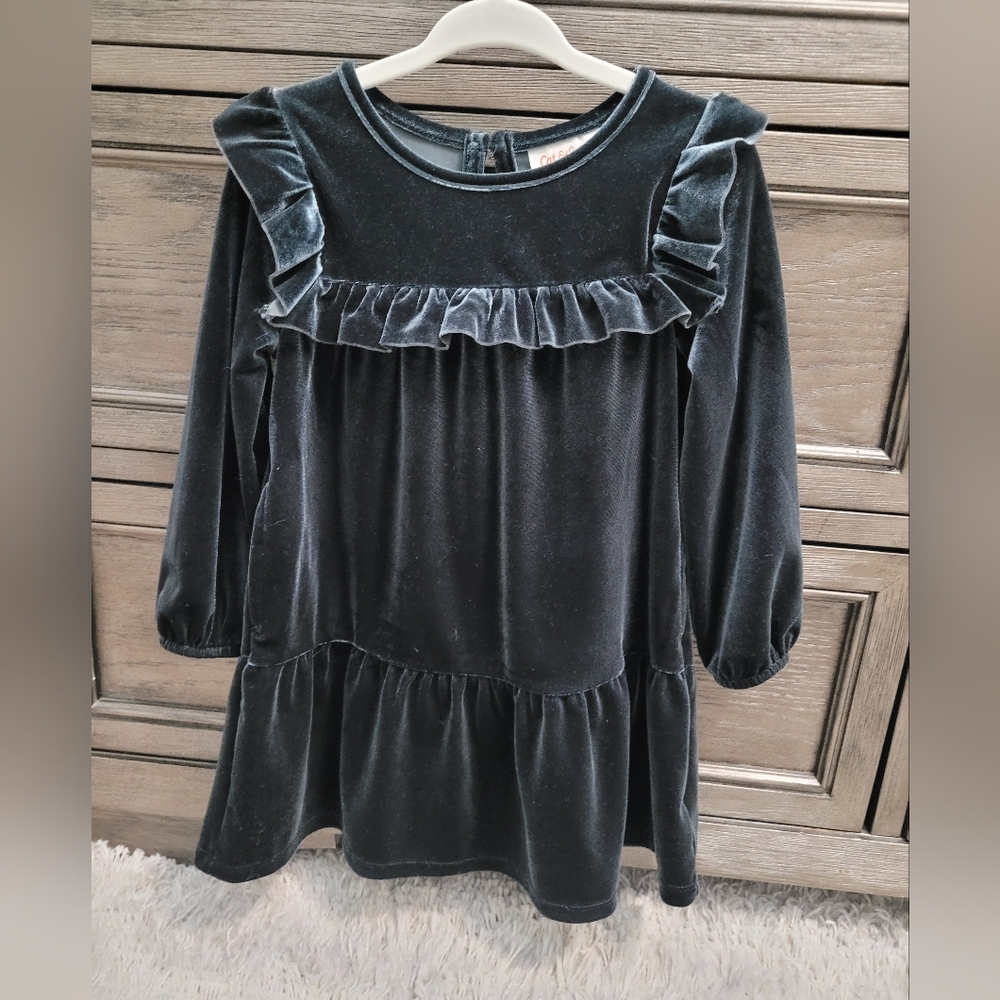 Cat & Jack Deep Hunter Green Velvet Long Sleeve Baby Girl Dress With Ruffles